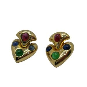 Vintage Grosse Goldtone Red Blue Green Cabochon Doorknocker Clip on Earrings